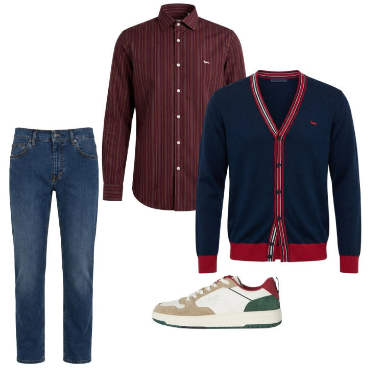 Outfit uomo - Marzo. Stile Casual per Tutti i giorni. Abbinamento con jeans, sneakers, cardigans, camicie.