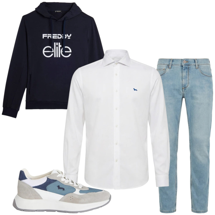 Outfit uomo - Total look #2374309. Stile Urban per Tutti i giorni. Abbinamento con jeans slim fit, sneakers, camicie, felpe con cappuccio.