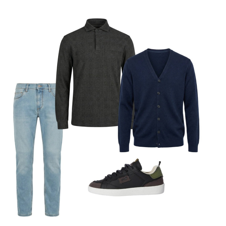 Outfit uomo - Marzo. Stile Casual per Tutti i giorni. Abbinamento con jeans slim fit, sneakers, cardigans, polo.