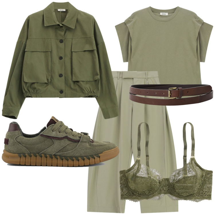 Outfit donna - Sottobosco primaverile. Stile Casual chic per Ufficio. Abbinamento con pantaloni a palazzo, cappotti, t-shirt, cinture, reggiseni, sneakers.