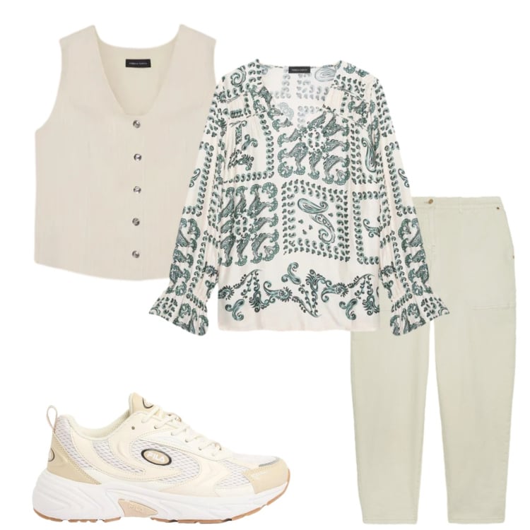 Outfit donna - Aprile. Stile Casual chic per Tutti i giorni. Abbinamento con sneakers, bluse, pantaloni, gilet.