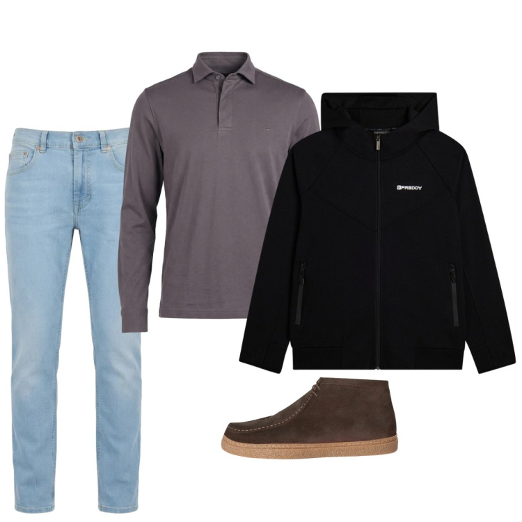 Outfit uomo - Marzo. Stile Casual per Tutti i giorni. Abbinamento con jeans, stivali e stivaletti, polo, felpe con cappuccio.