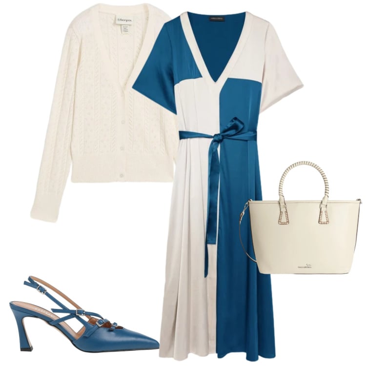 Outfit donna - Aprile. Stile Casual chic per Tutti i giorni. Abbinamento con décolleté, cardigans, vestiti midi/longuette, shopping bag.