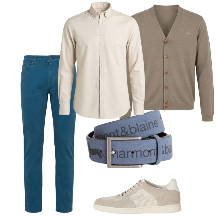 Outfit uomo - Marzo. Stile Casual per Tutti i giorni. Abbinamento con cinture, camicie, sneakers, cardigans, pantaloni.