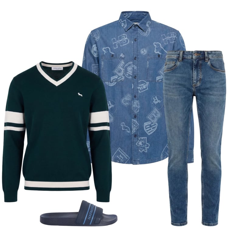 Outfit uomo - Total look #2374332. Stile Trendy per Tutti i giorni. Abbinamento con sandali, camicie, jeans slim fit, pullovers.