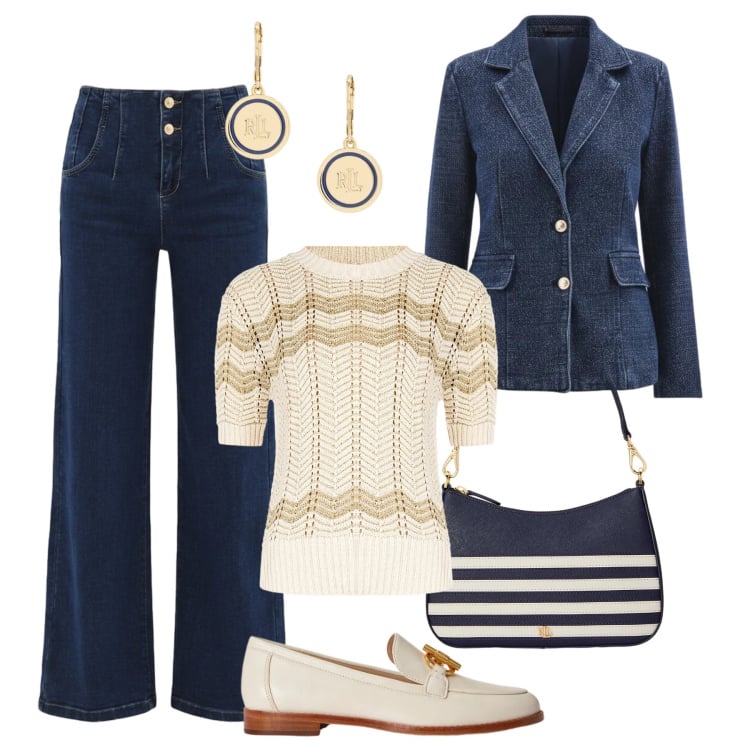 Outfit donna - Aperitivo denim in saldo !. Stile Casual chic per Tutti i giorni. Abbinamento con jeans, t-shirt, blazer, borse a spalla, orecchini, mocassini.