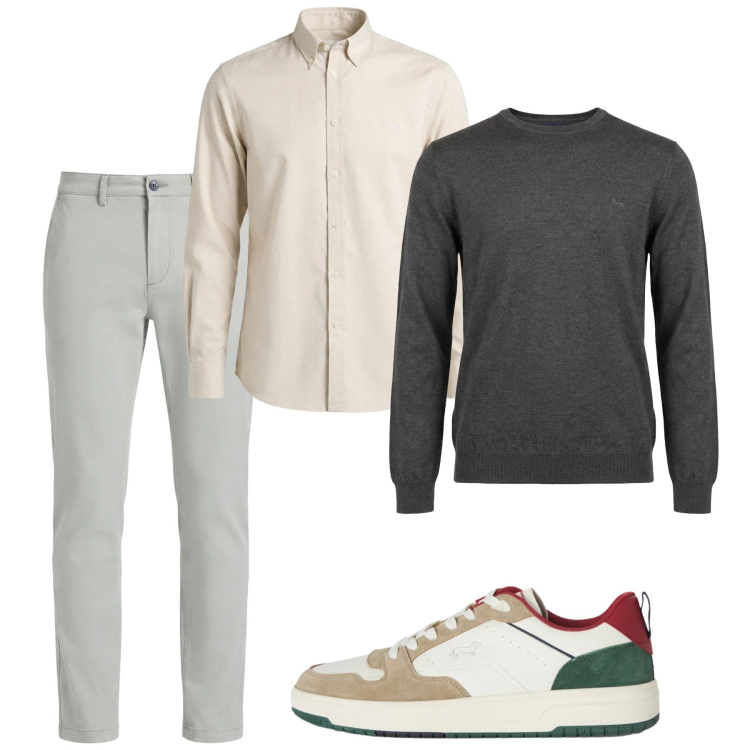 Outfit uomo - Marzo. Stile Casual per Tutti i giorni. Abbinamento con sneakers, camicie, pantaloni chino, pullovers.