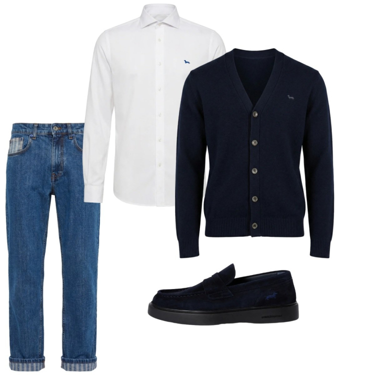 Outfit uomo - Marzo. Stile Casual per Tutti i giorni. Abbinamento con jeans, scarpe stringate, cardigans, camicie.