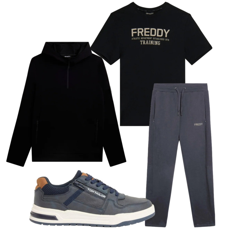 Outfit uomo - Total look #2374350. Stile Trendy per Tutti i giorni. Abbinamento con sneakers, t-shirt, pantaloni, felpe con cappuccio.