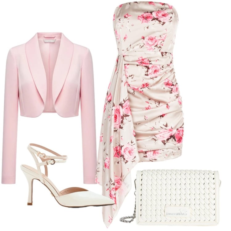 Outfit donna - Primavera. Stile Romantica per Cerimonia. Abbinamento con borse a tracolla, décolleté, vestiti corti, bolero.