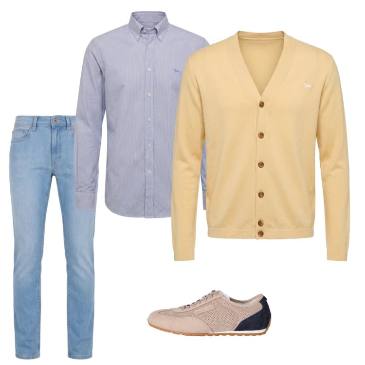 Outfit uomo - Marzo. Stile Casual per Tutti i giorni. Abbinamento con sneakers, jeans, cardigans, camicie.