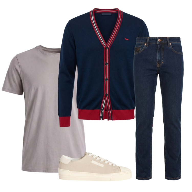 Outfit uomo - Total look #2374356. Stile Casual per Ufficio. Abbinamento con sneakers, cardigans, jeans, t-shirt.