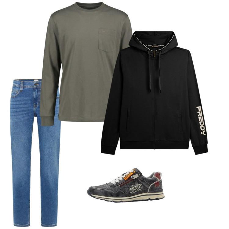 Outfit uomo - Marzo. Stile Casual per Tutti i giorni. Abbinamento con sneakers, jeans bootcut, t-shirt, felpe con cappuccio.
