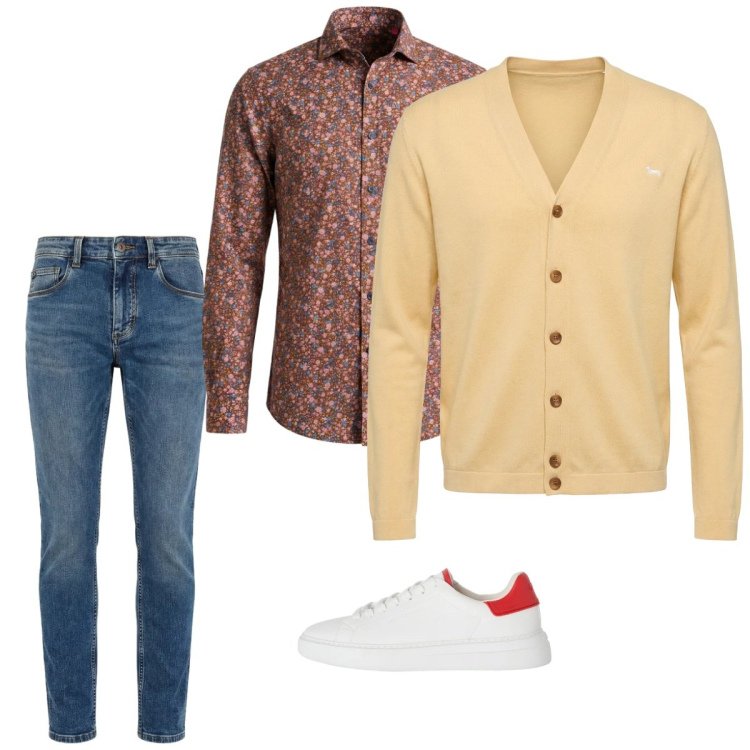 Outfit uomo - Marzo. Stile Casual per Tutti i giorni. Abbinamento con sneakers, jeans slim fit, cardigans, camicie.