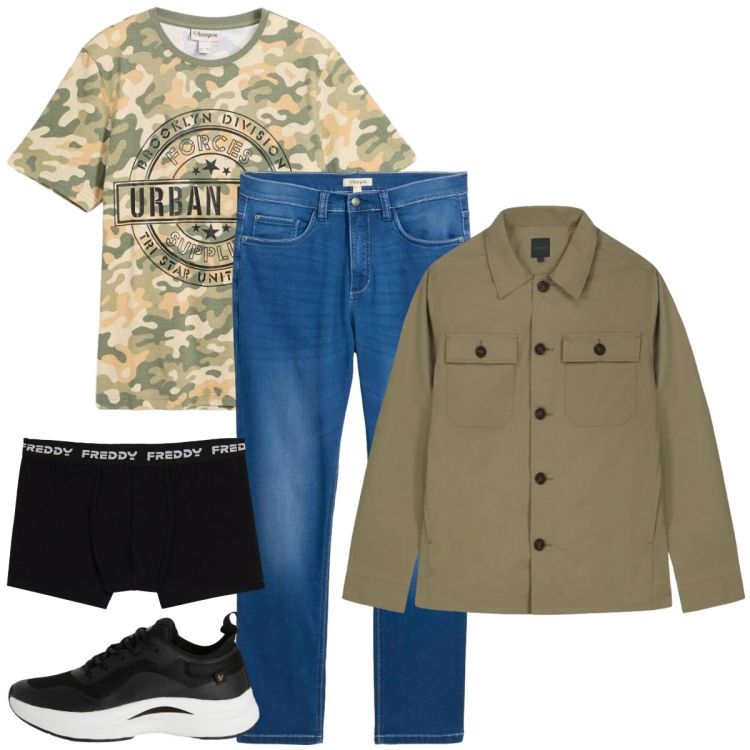 Outfit uomo - Giacca camicia beige. Stile Casual per Tutti i giorni. Abbinamento con t-shirt, jeans dritti, sneakers, boxer, cappotti.
