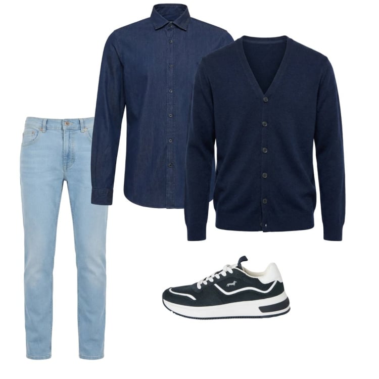 Outfit uomo - Marzo. Stile Casual per Tutti i giorni. Abbinamento con sneakers, jeans, cardigans, camicie.
