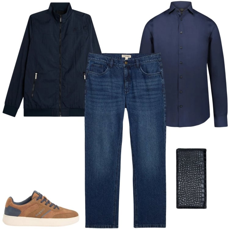 Outfit uomo - Le sneakers Cognac e blu. Stile Casual per Ufficio. Abbinamento con jeans dritti, sneakers, giacche, camicie, portafogli.