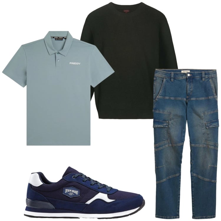 Outfit uomo - Total look #2374384. Stile Trendy per Tutti i giorni. Abbinamento con sneakers, jeans dritti, polo, maglieria.
