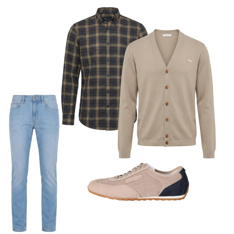Outfit uomo - Marzo. Stile Casual per Tutti i giorni. Abbinamento con sneakers, jeans, cardigans, camicie.