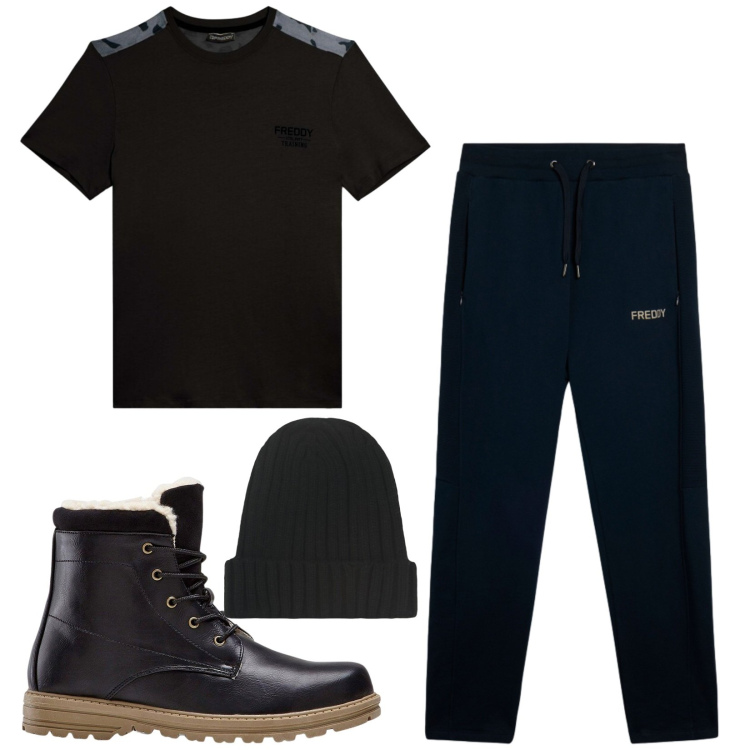 Outfit uomo - Total look #2374403. Stile Casual per Sport. Abbinamento con stivali e stivaletti, t-shirt, pantaloni, berretti.