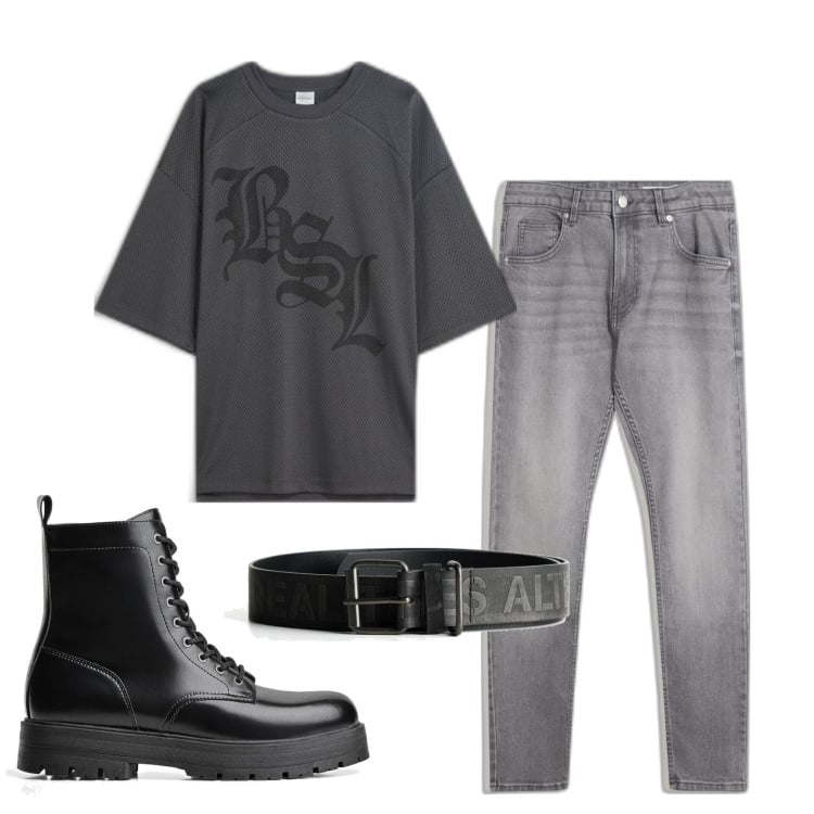 Outfit hombre - Biker Rock #69. Estilo Biker Rock para Todos los días. Combinación con cinturones, camiseta, vaqueros pitillo, botas y botines.