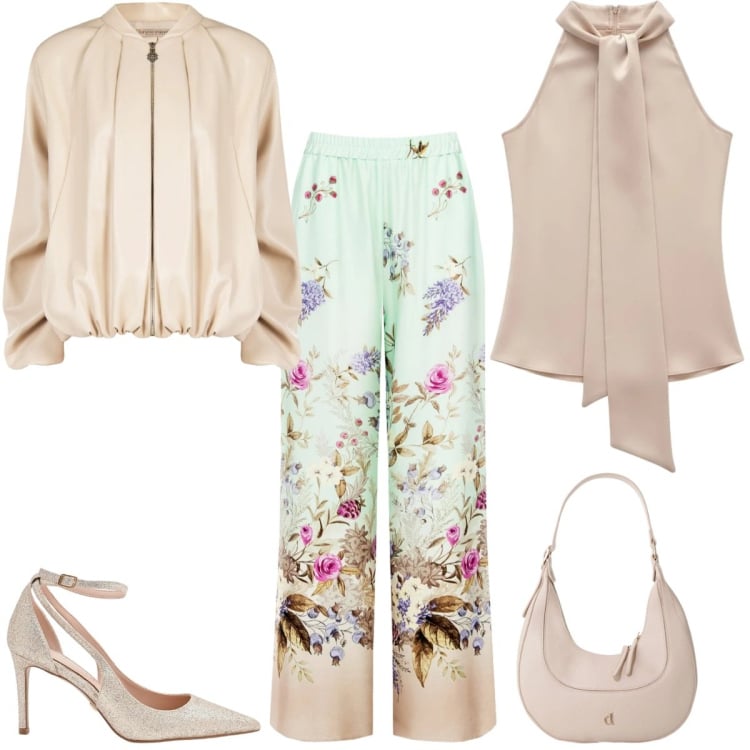 Outfit donna - Pantalone verde menta a fiori. Stile Chic per Cerimonia. Abbinamento con top, décolleté, bomber, pantaloni a palazzo, borse a tracolla.