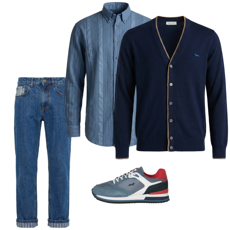 Outfit uomo - Marzo. Stile Casual per Tutti i giorni. Abbinamento con sneakers, jeans, cardigans, camicie.