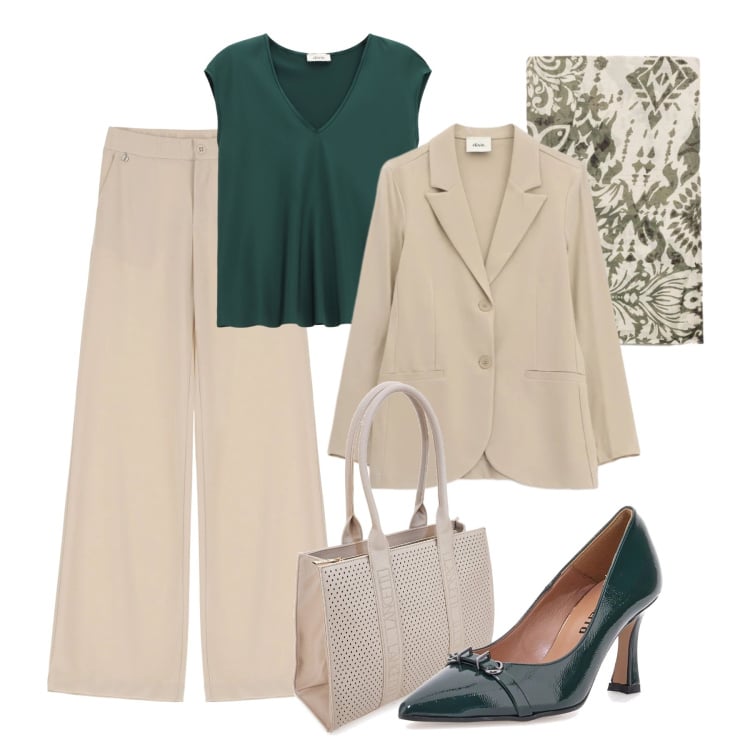 Outfit donna - Una sera di primavera. Stile Glamour per Serata fuori. Abbinamento con foulard, blazer, pantaloni, top, décolleté, borse a spalla.