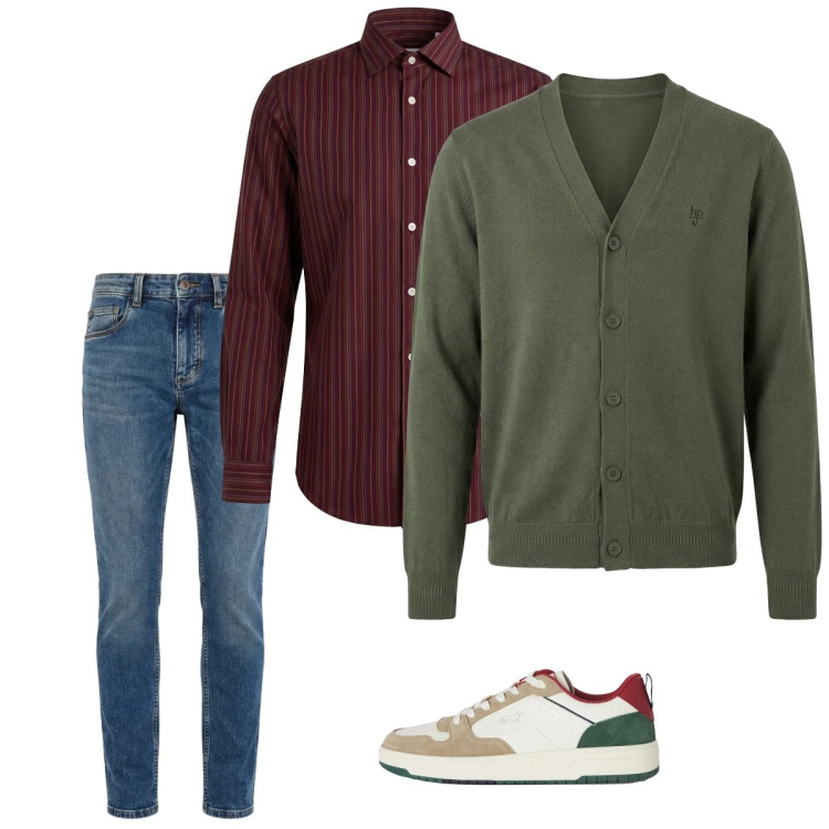 Outfit uomo - Marzo. Stile Casual per Tutti i giorni. Abbinamento con sneakers, jeans slim fit, camicie, cardigans.