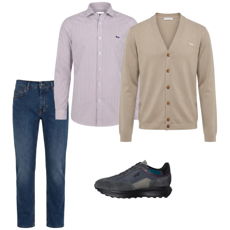 Outfit uomo - Marzo. Stile Casual per Tutti i giorni. Abbinamento con jeans, sneakers, cardigans, camicie.