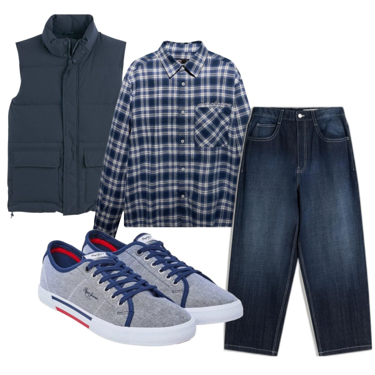 Outfit hombre - Casual #6250. Estilo Casual para Todos los días. Combinación con sneakers, chalecos, vaqueros, camisas.