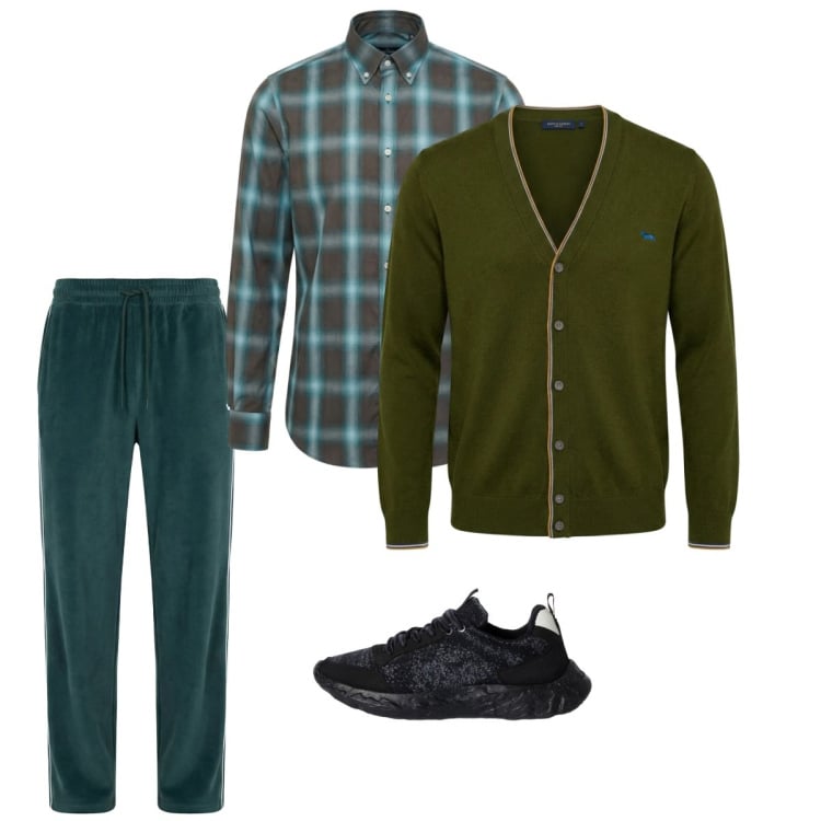 Outfit uomo - Marzo. Stile Casual per Tutti i giorni. Abbinamento con pantaloni, sneakers, cardigans, camicie.
