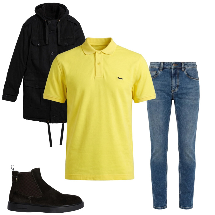 Outfit uomo - Total look #2374442. Stile Urban per Tutti i giorni. Abbinamento con parka, polo, jeans slim fit, stivali e stivaletti.