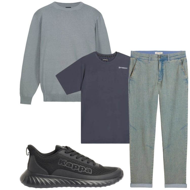 Outfit uomo - Total look #2374444. Stile Casual per Tutti i giorni. Abbinamento con jeans dritti, sneakers, t-shirt sportive, maglieria.