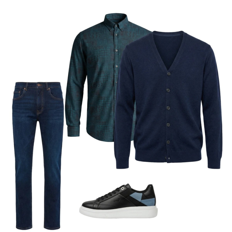 Outfit uomo - Marzo. Stile Casual per Tutti i giorni. Abbinamento con sneakers, jeans, camicie, cardigans.