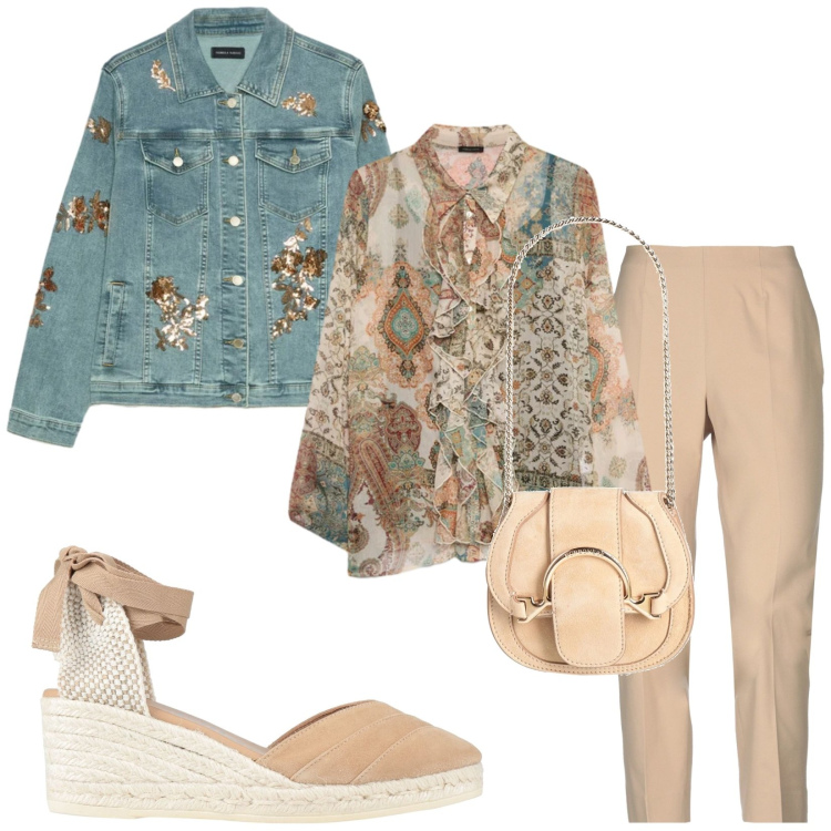 Outfit donna - Paillettes e rouches. Stile Chic per Tutti i giorni. Abbinamento con marsupi, espadrillas, pantaloni, camicie, blazer.