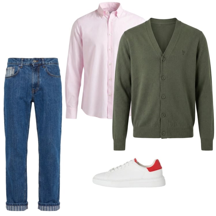 Outfit uomo - Marzo. Stile Casual per Tutti i giorni. Abbinamento con camicie, sneakers, jeans, cardigans.