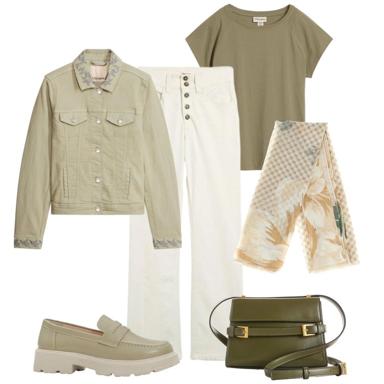 Outfit donna - Primavera green. Stile Casual per Tutti i giorni. Abbinamento con borse a tracolla, mocassini, jeans dritti, cappotti, t-shirt, foulard.