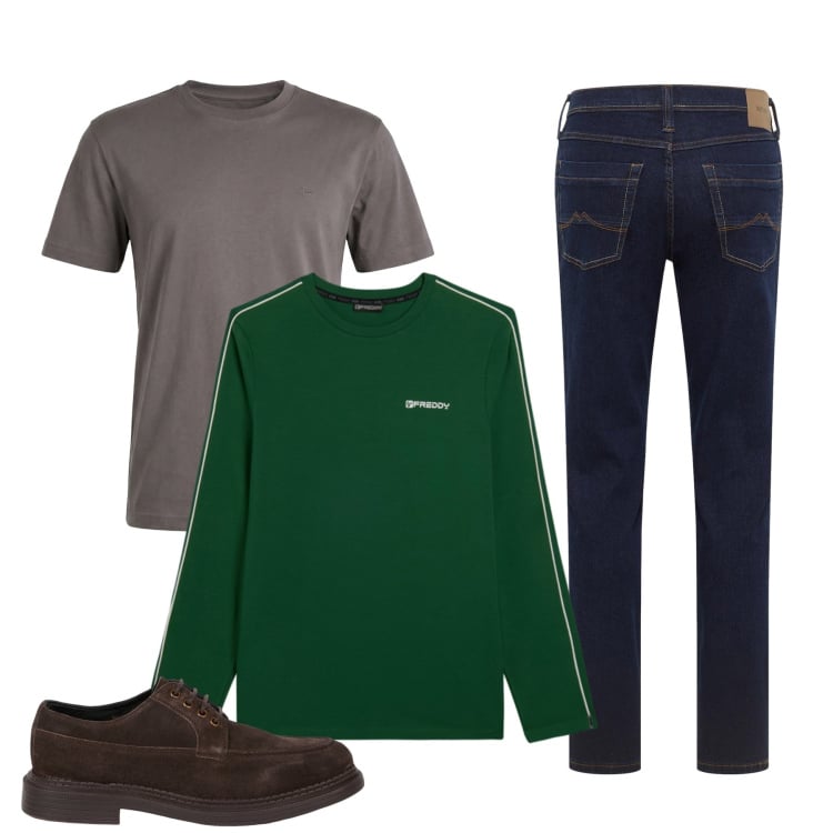 Outfit uomo - Total look #2374510. Stile Trendy per Tutti i giorni. Abbinamento con jeans dritti, t-shirt, t-shirt, scarpe stringate.