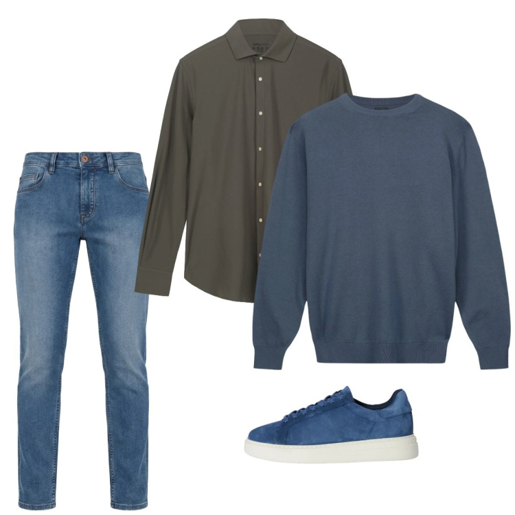 Outfit uomo - Marzo. Stile Casual per Tutti i giorni. Abbinamento con sneakers, jeans, maglieria, camicie.