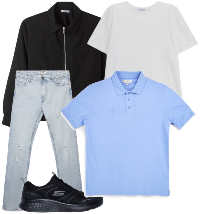 Outfit uomo - Sportivo con classe. Stile Urban per Tutti i giorni. Abbinamento con t-shirt, sneakers, jeans strappati, bomber, polo.