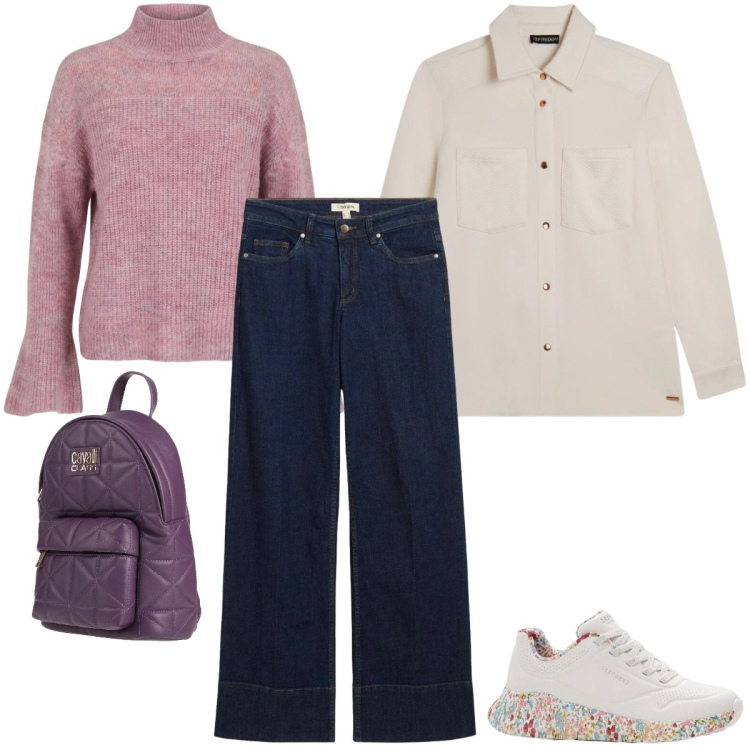 Outfit donna - Maglione leggero con trasparenze. Stile Casual per Tutti i giorni. Abbinamento con zaini, jeans, sneakers, maglieria, camicie.