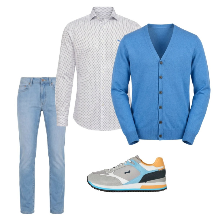 Outfit uomo - Marzo. Stile Casual per Tutti i giorni. Abbinamento con sneakers, camicie, jeans, cardigans.