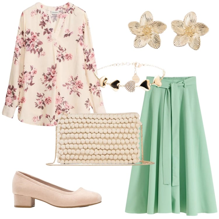 Outfit donna - Un outfit per una passeggiata. Stile Romantica per Tutti i giorni. Abbinamento con gonne lunghe, décolleté, borse a tracolla, orecchini, bluse, braccialetti.