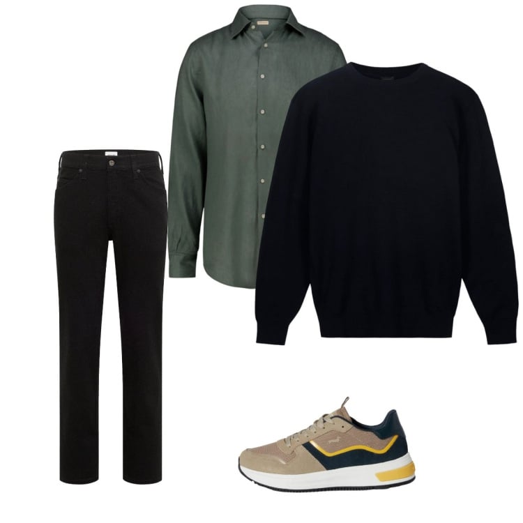 Outfit uomo - Marzo. Stile Casual per Tutti i giorni. Abbinamento con jeans dritti, sneakers, maglieria, camicie.