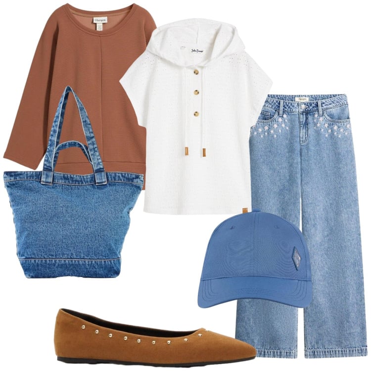 Outfit donna - Camoscio e Jeans. Stile Casual per Tutti i giorni. Abbinamento con felpe, maglieria, jeans, ballerine, shopping bag, cappelli con visiera.