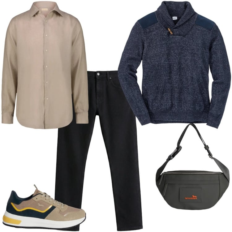 Outfit uomo - Un tocco naturale e fresco.. Stile Casual per Tutti i giorni. Abbinamento con maglieria, borse sportive, sneakers, jeans, camicie.