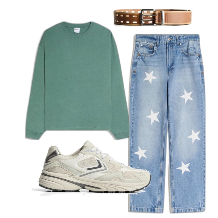 Outfit hombre - Casual #6312. Estilo Casual para Todos los días. Combinación con cinturones, vaqueros rectos, sneakers, camiseta.