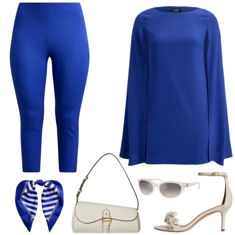 Outfit donna - Blu elettrico e bianco. Stile Trendy per Serata fuori. Abbinamento con occhiali da sole, borse a spalla, vestiti, pantaloni skinny, foulard, sandali in pelle.