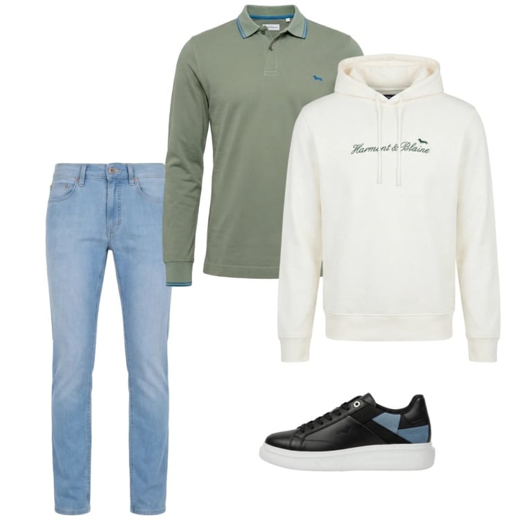 Outfit uomo - Marzo. Stile Casual per Tutti i giorni. Abbinamento con felpe con cappuccio, sneakers, jeans, polo.